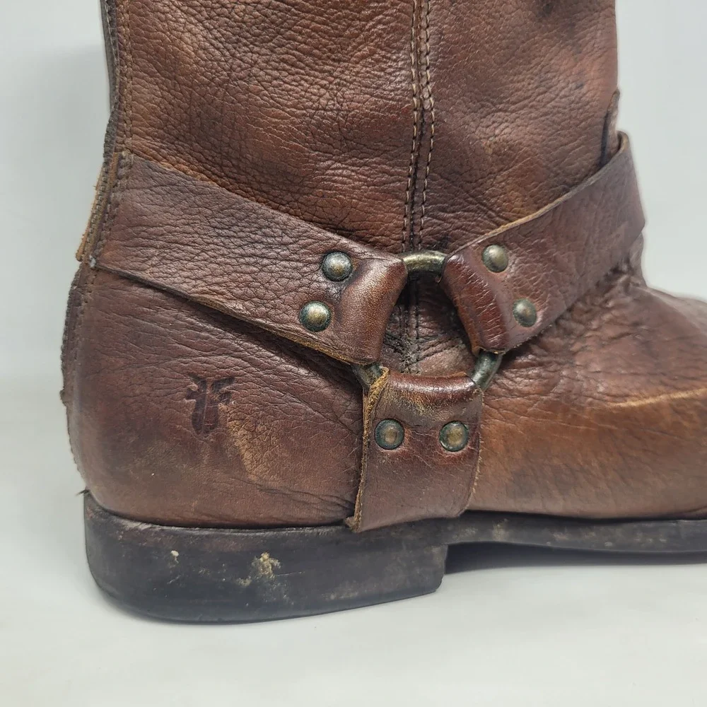 Frye Boots 12D Brown Leather Phillip Harness Short Moto Engineer Distressed Zip